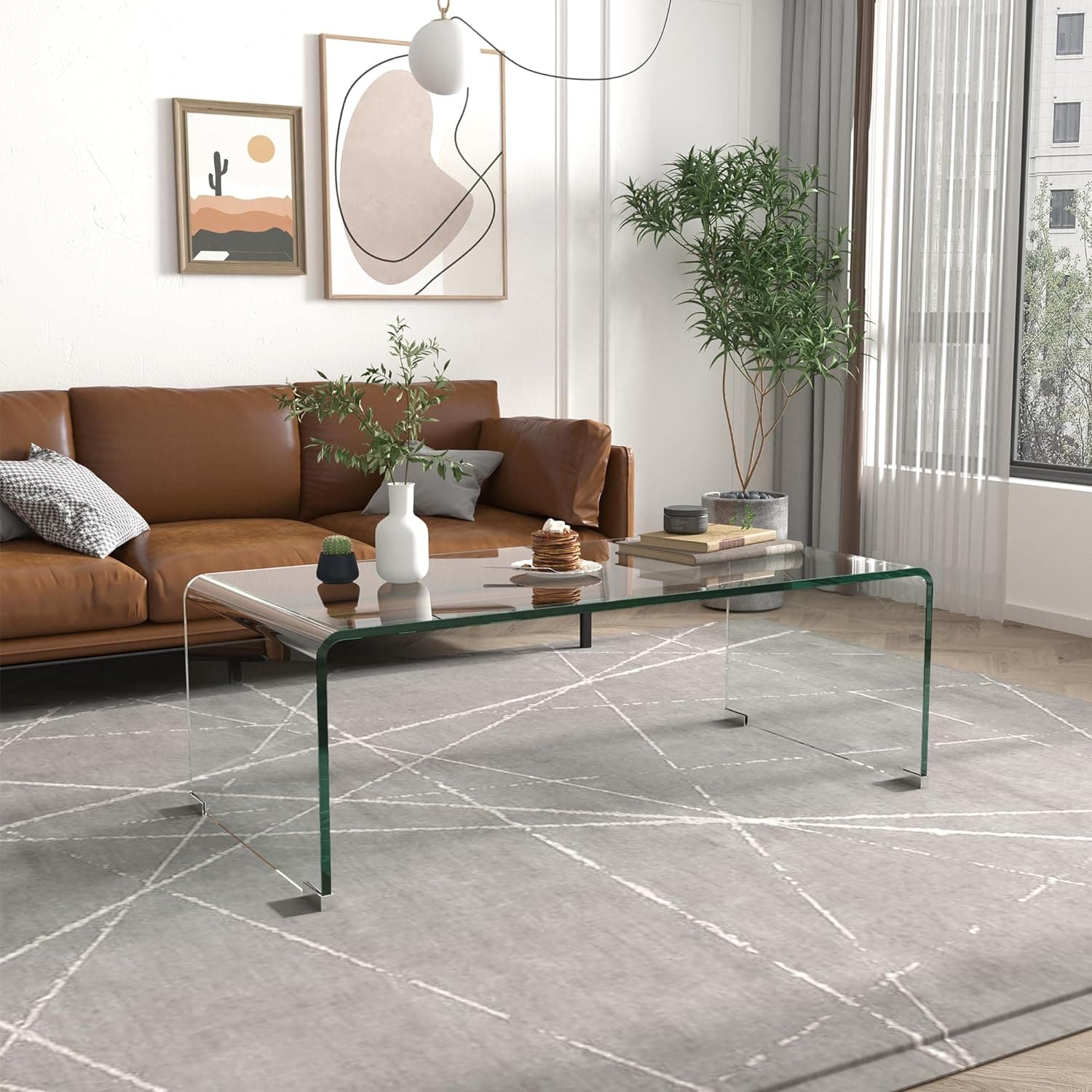  Clear Glass Coffee Table Metal Tube (All-Black) 