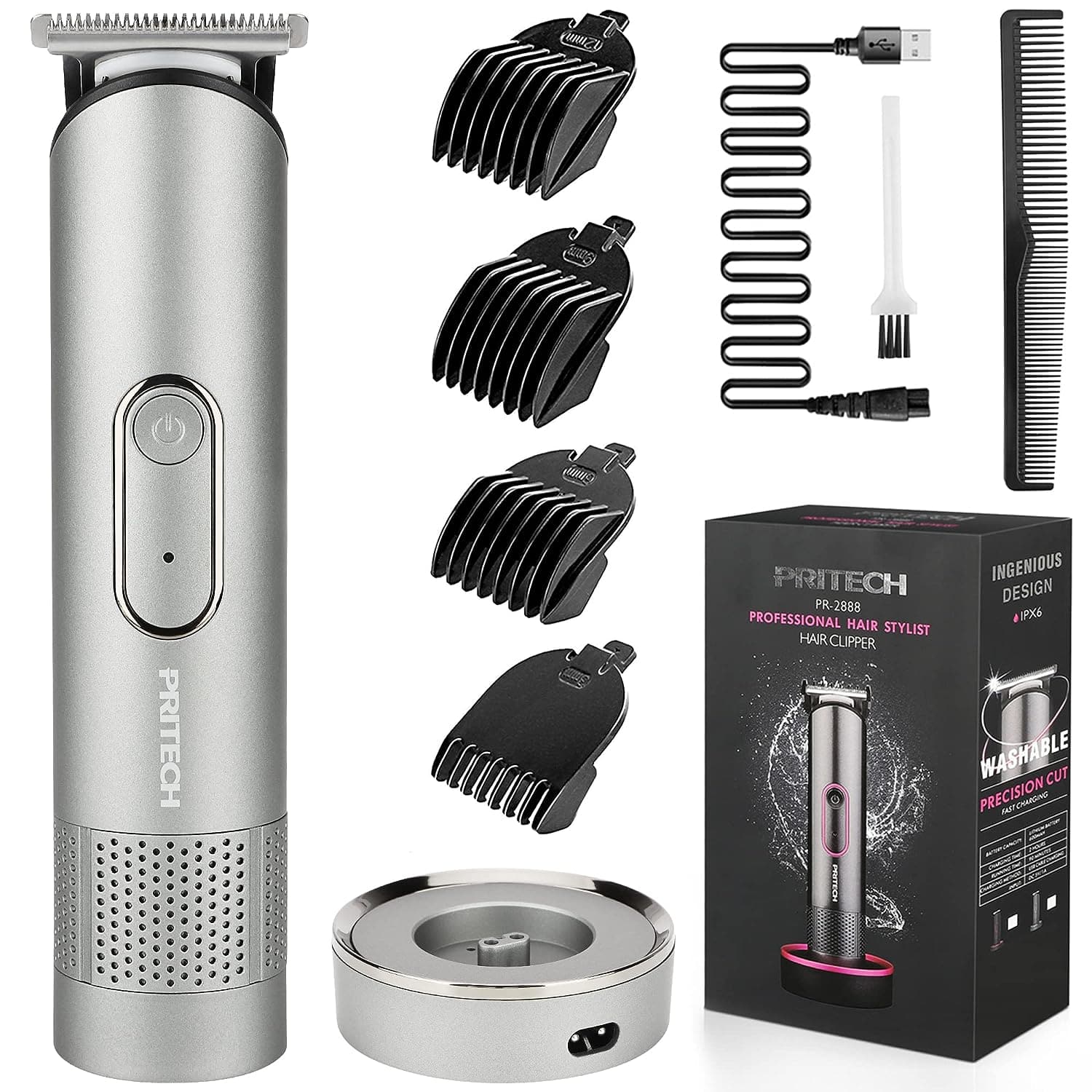  PRITECH Hair Trimmer for Men, Rechargeable Hair Clippers, Beard Trimmer, Home Haircut Kit, Cordless Barber Grooming Sets, Waterproof Body Trimmer, Groin Hair Trimmer(Black) 