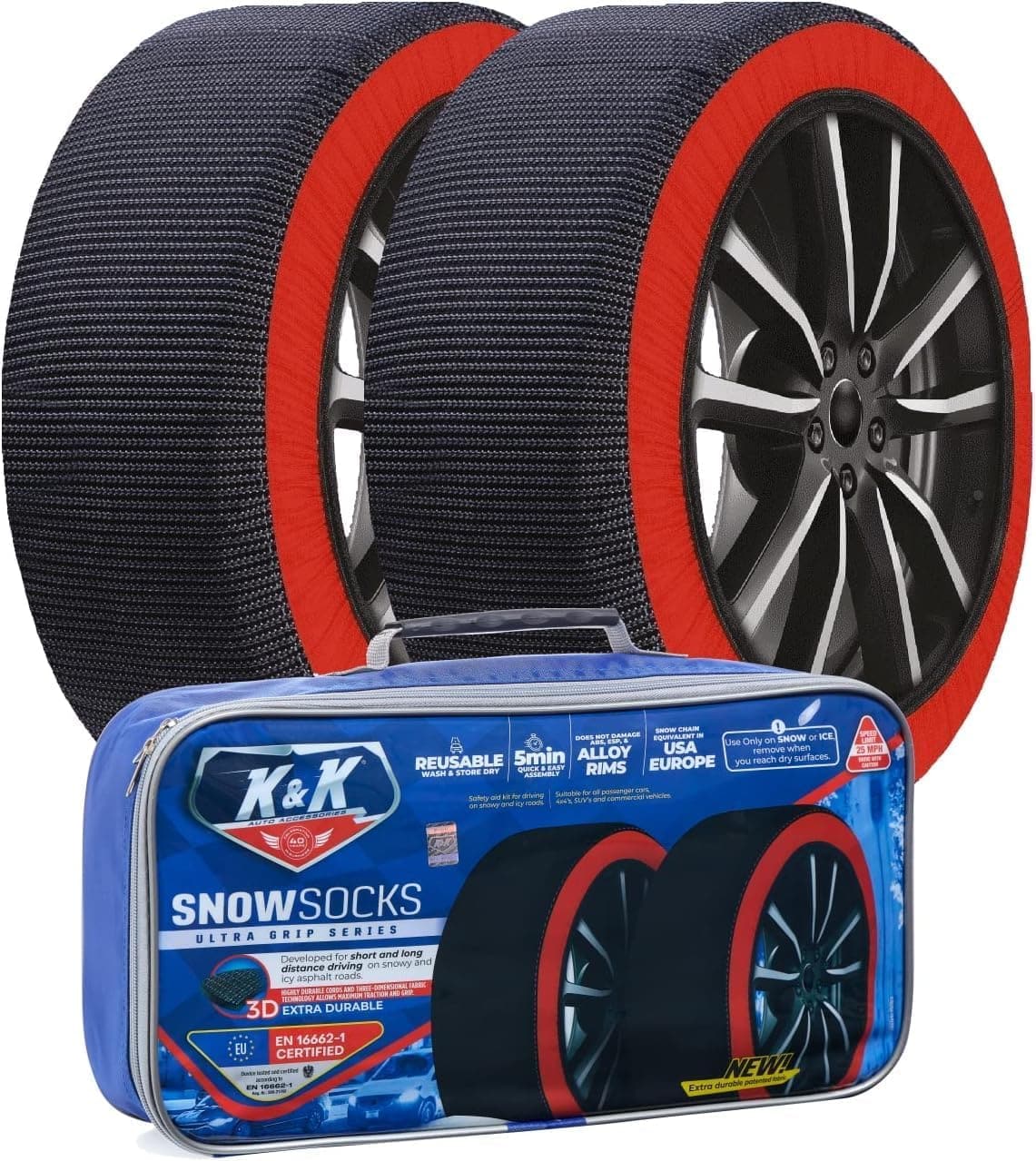  K&K Automotive Snow Socks for Tires - Pro Series for Ultimate Grip Alternative for Tire Snow Chain - Snow Traction Device for Passenger Cars SUVs Trucks Winter Emergency Accessory European (Medium) 