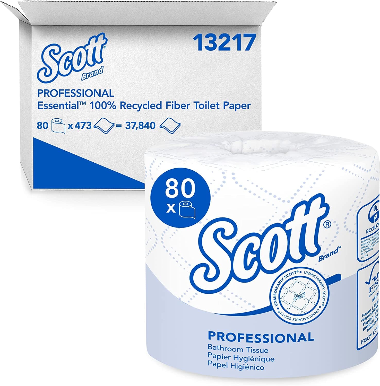  Scott® Professional 100 % Recyclingfaser Standard-Rollen-Toilettenpapier (13217), 2-lagig, weiß, 80 Rollen/Karton, 473 Blatt/Rolle, 37.840 Blatt/Karton 