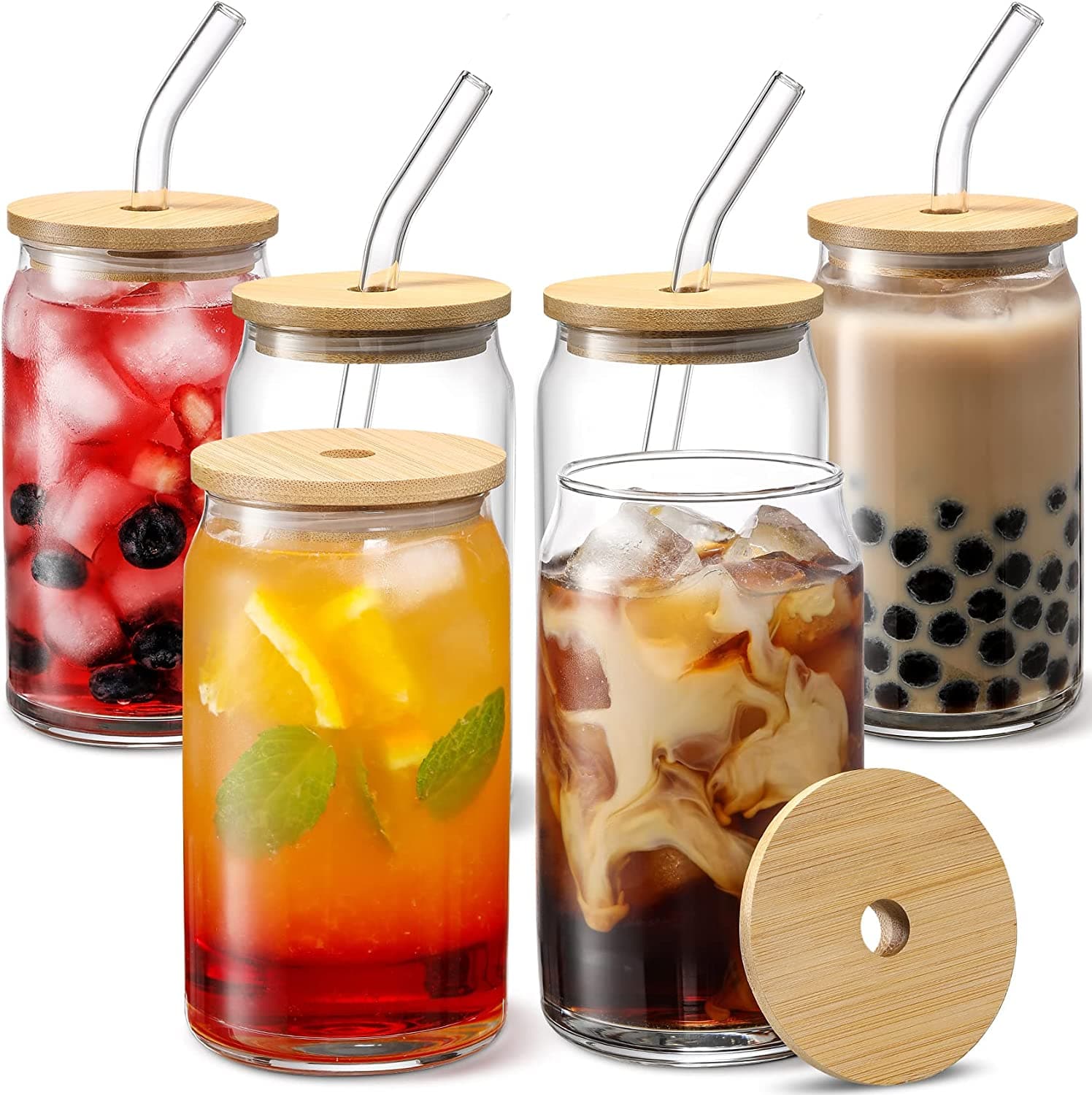  [6-teiliges Set] Glasbecher mit Bambusdeckeln und Glasstrohhalm – Trinkgläser in Bierdosenform, 16 oz Eiskaffeegläser, niedlicher Trinkbecher für Smoothie, Boba-Tee, Whisky, Wasser – 2 Reinigungsbürsten 