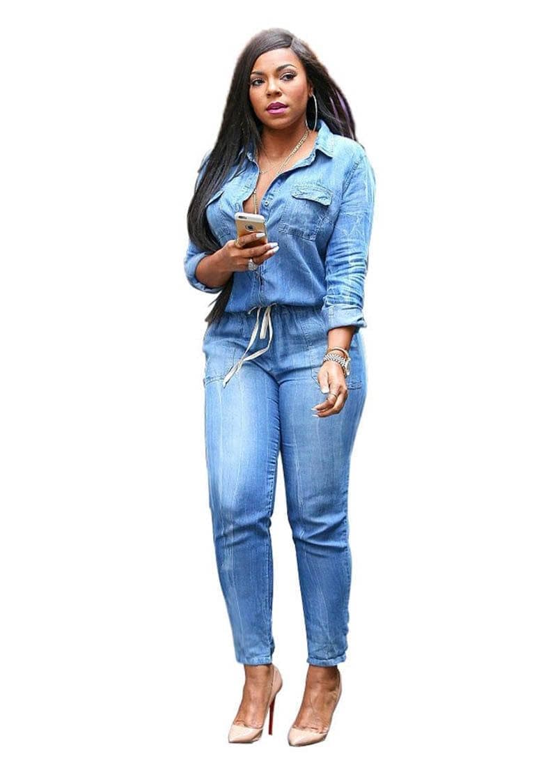  Adogirl Vintage Plus Size Jeans Overall Umlegekragen Langarm Bandage Denim Strampler Damen Bodysuits Combinaison S-3XL 