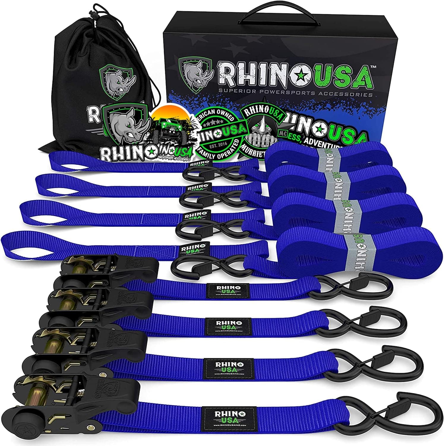  Rhino USA Ratchet Tie Down Straps (4PK) - 1,823lb Guaranteed Max Break Strength, Includes (4) Premium 1" x 15' Rachet Tie Downs with Padded Handles. Best for Moving, Securing Cargo (Black 4-Pack) 