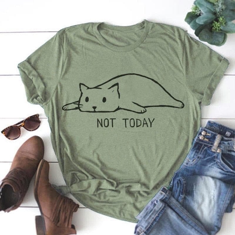  Not Today Shirt Niedliches kurzärmliges Baumwoll-T-Shirt mit lockerem Katzen-Cartoon-Print 