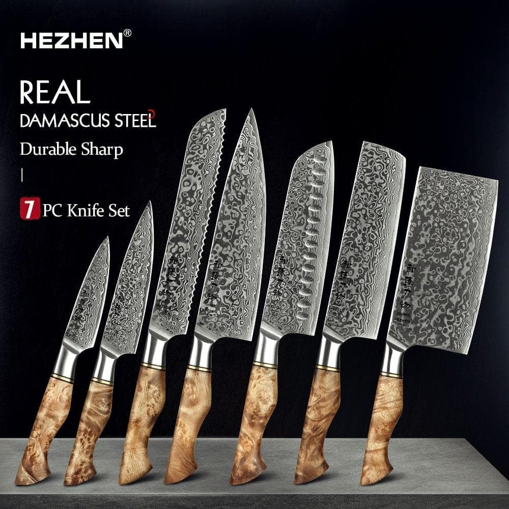  HEZHEN 1-7-teiliges Küchenmesser-Set Professionelles Damaskus-Stahl-Kochbrotschälmesser Santoku Scharfes Nakiri-Kochmesser Küchenmesser 