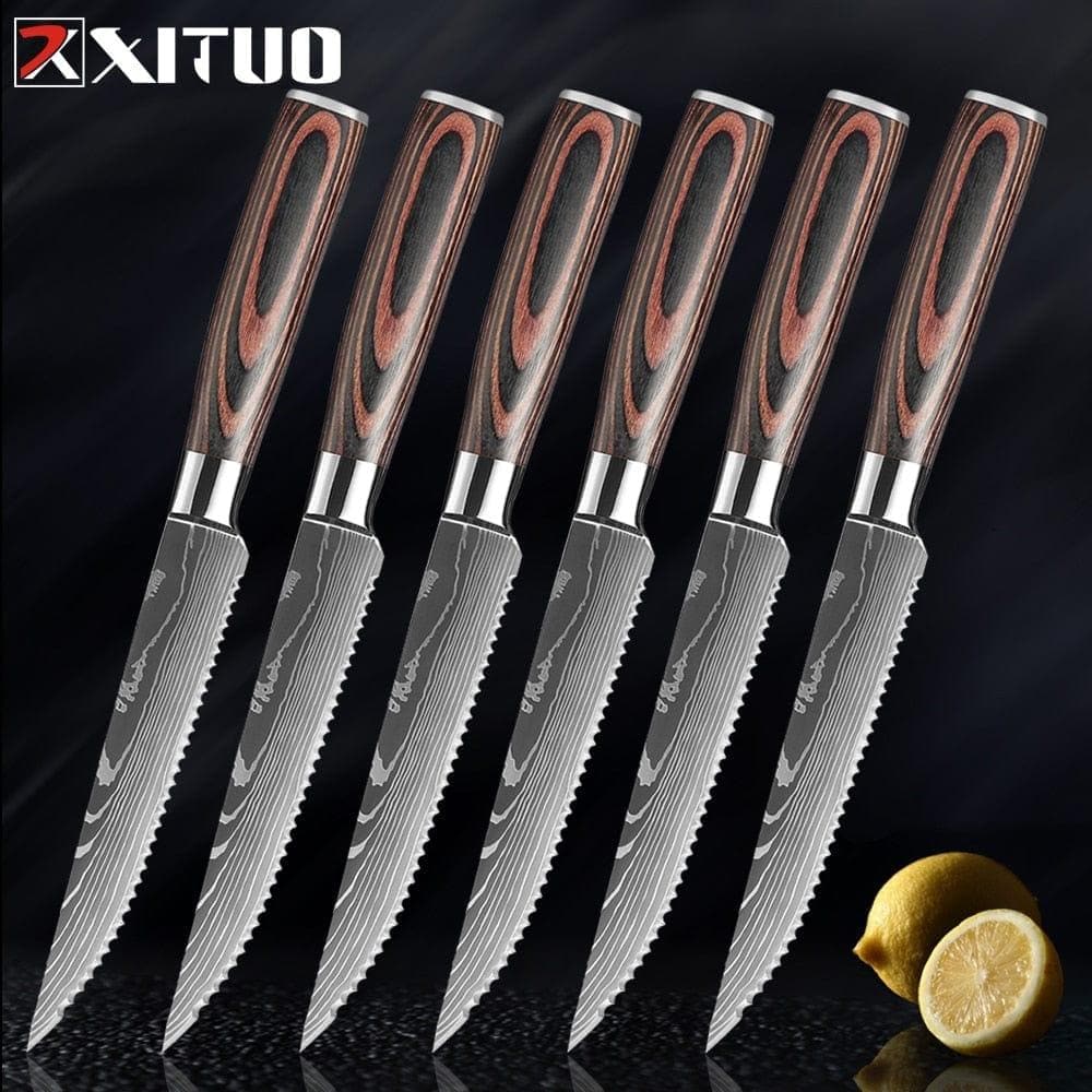  XITUO Sharp Steakmesser-Set 7CR17 Edelstahl gezacktes Fleischschneidemesser Mehrzweck-Restaurantbesteck Kochmesser 1-6tlg 