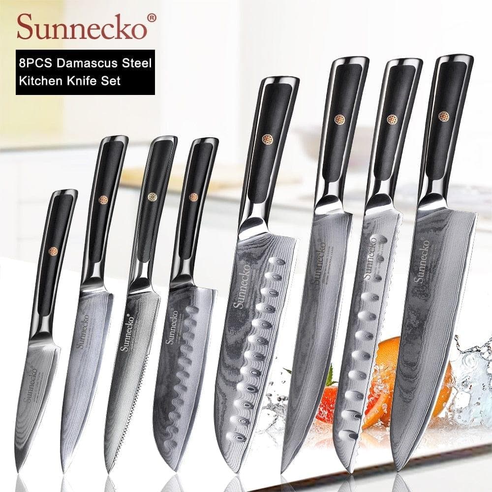  SUNNECKO Damaskus Chef Utility Brotschäl Santoku Steakmesser japanischer VG10-Stahl G10-Griff Fleischschneide-Küchenmesser-Set 