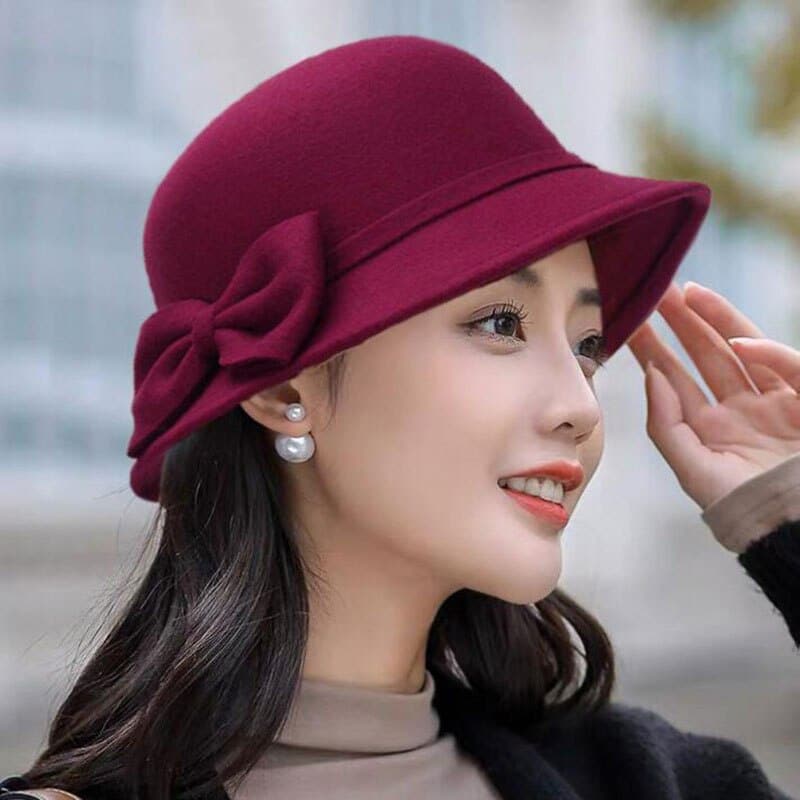  Damenhut Schleife Knoten Wollfilz Fedoras Koreanische Mode Damen Vintage Eleganter Hut Warmer Herbst Frühling Panamahut für Damen 