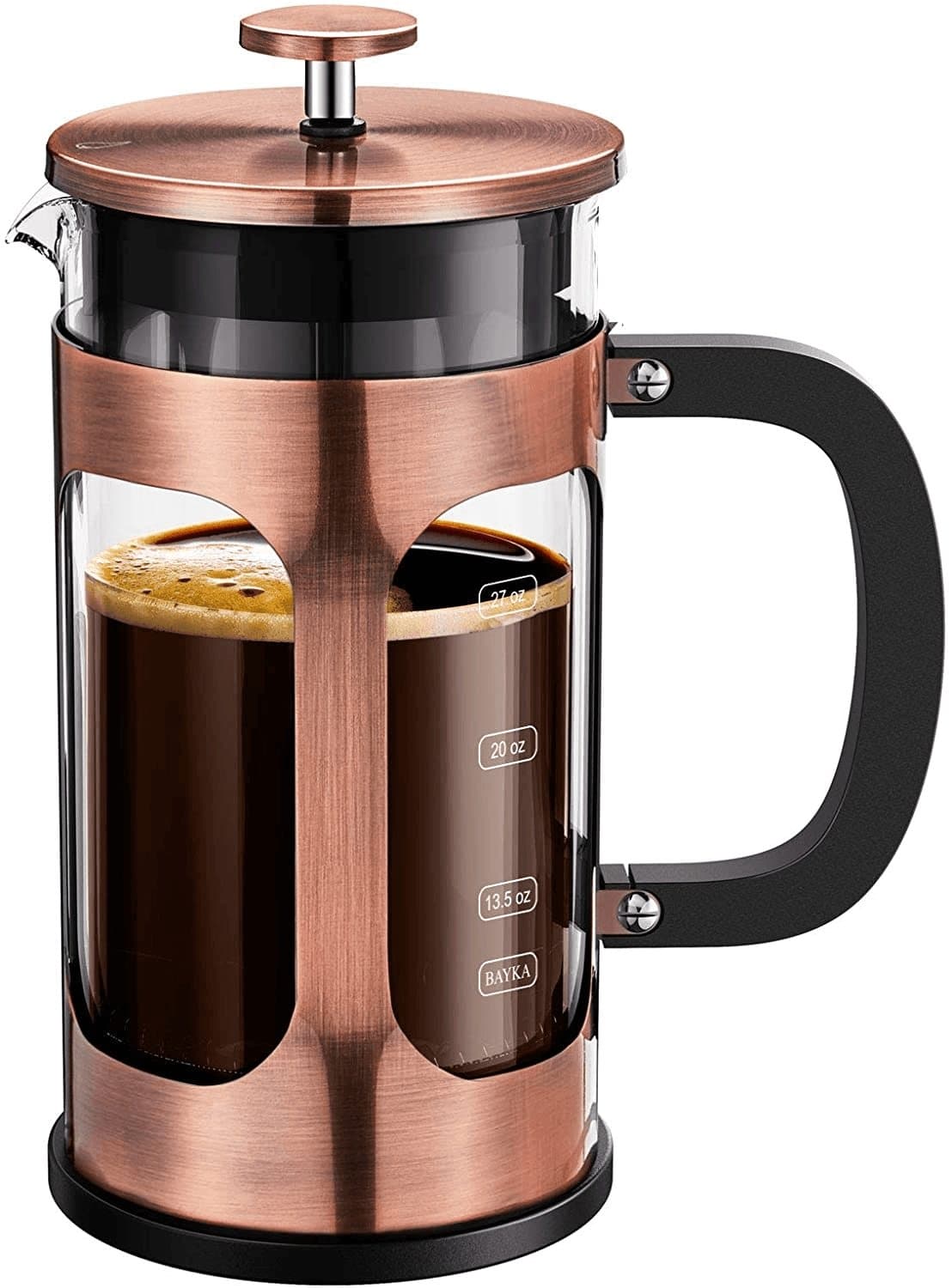  BAYKA French Press Kaffeemaschine, Glas Klassisches Kupfer 304 Edelstahl Kaffeepresse, kalt gebrühte, hitzebeständige, verdickte Borosilikat-Kaffeekanne für Camping-Reisegeschenke, 34 Unzen 