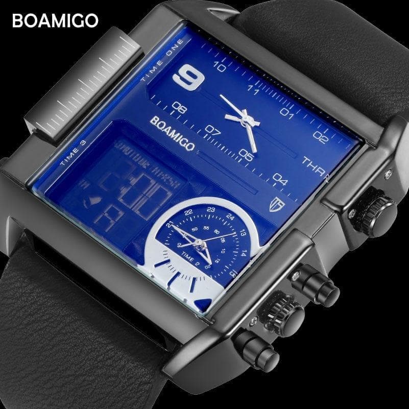  BOAMIGO Marke Männer Sportuhren 3 Zeitzonen Big Man Fashion Military LED Uhr Leder Quarz Armbanduhren Relogio Masculino 