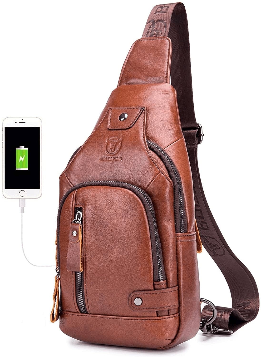  BULLCAPTAIN Leder Herren Umhängetaschen Reise Umhängetasche Brusttasche Wandern Tagesrucksack mit USB-Ladeanschluss Multi-Pocket 