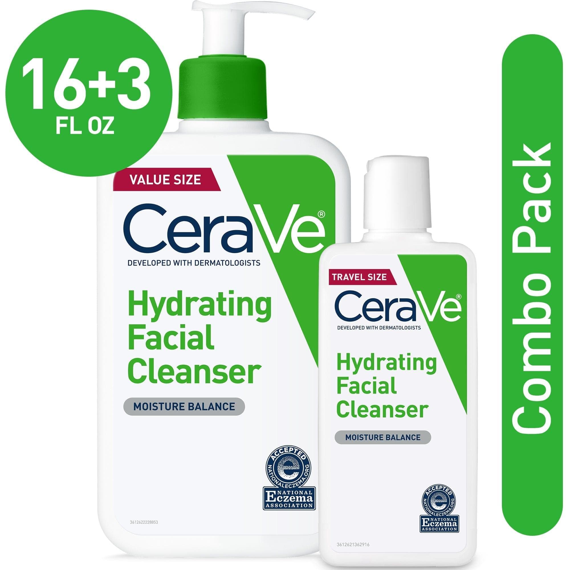  CeraVe Hydrating Face Wash, Gesichtsreiniger für normale bis trockene Haut, Vorteilspackung, 16 oz Pumpe & 3 oz Reisegröße 