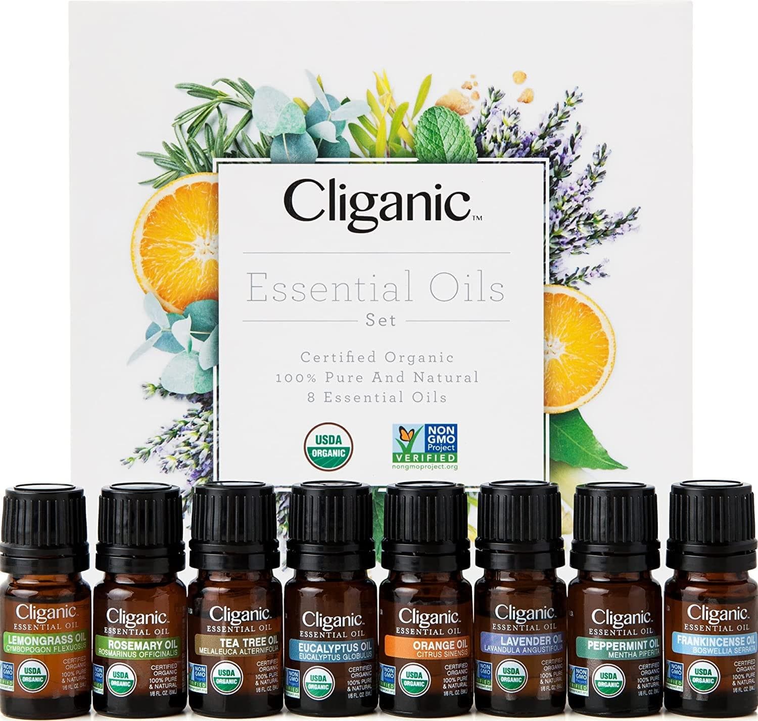  Cliganic USDA Organic Aromatherapy Essential Oils Holiday Gift Set (Top 8), 100 % rein natürlich – Pfefferminze, Lavendel, Eukalyptus, Teebaum, Zitronengras, Rosmarin, Weihrauch und Orange 