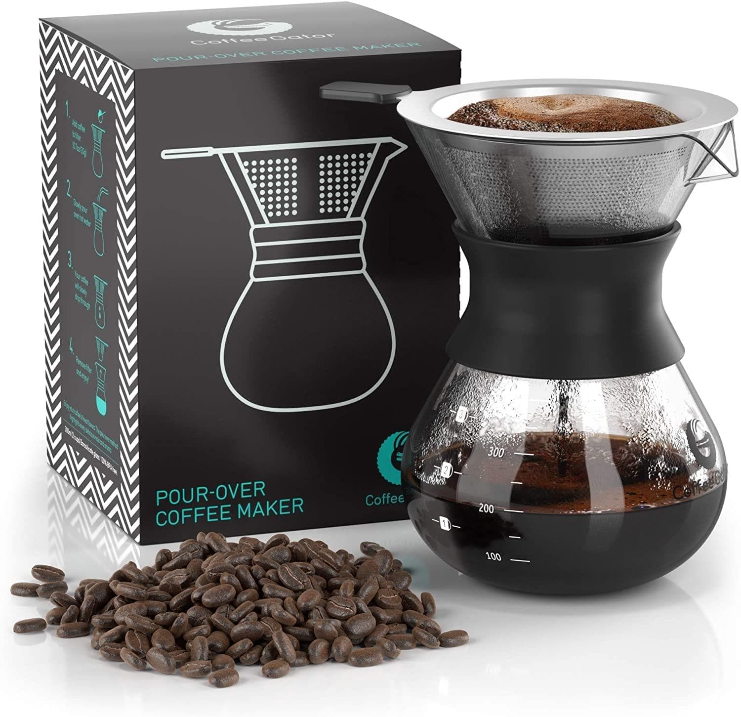  Coffee Gator Pour Over Kaffeemaschine – 27 oz papierloses, tragbares Tropfkaffee-Brüher-Pour-Over-Set mit Glaskaraffe und Edelstahlsiebfilter, transparent 