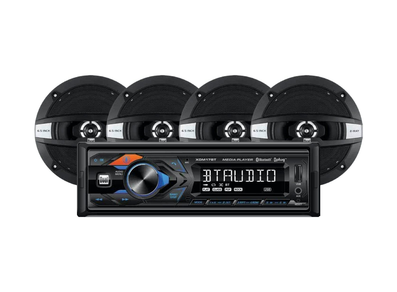  Dual-Elektronik-Car-Audio-Bundle | XDM17SPK4 Autoradio & (4) 6,5" Koaxial-Autolautsprecher | Single DIN, Bluetooth, USB, MP3, Siri/Google Assist-Taste 