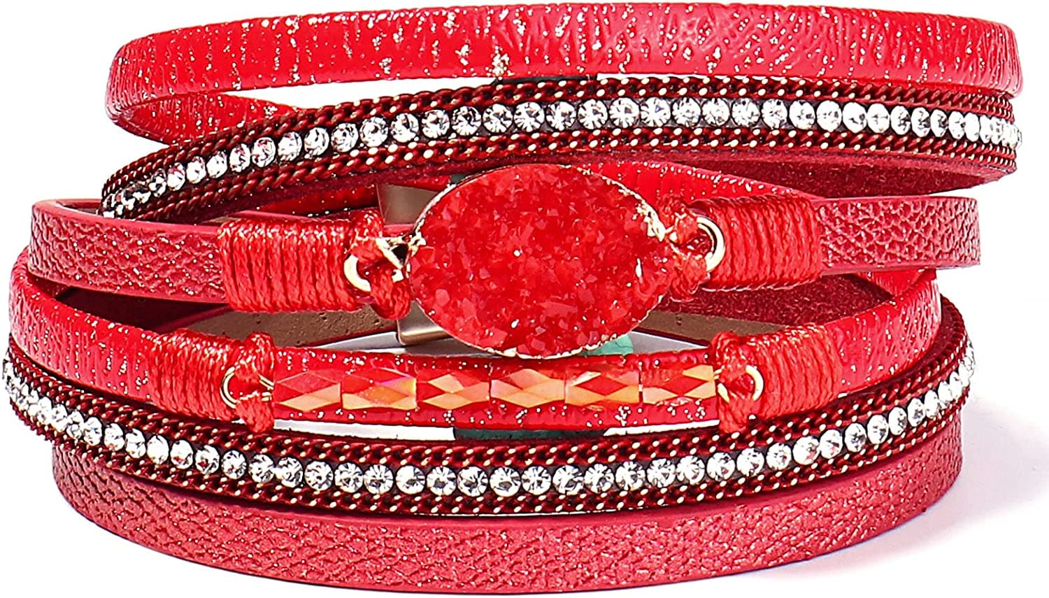  FANCY SHINY Wickelarmband aus Leder Boho Manschettenarmbänder Kristallperlenarmband mit Magnetverschluss für Frauen 