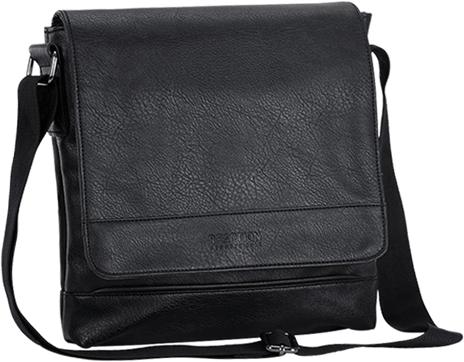  Kenneth Cole Reaction Grand Central Tablet Messenger Schultertasche aus gekrispeltem veganem Leder Umhängetasche für Schule, Arbeit, Reisen, Schwarz 