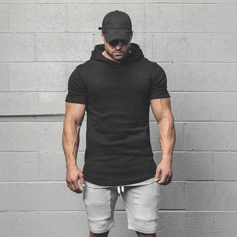  Herren Bodybuilding Hoodies Herren Fitnessstudios Kapuzen Kurzarm Fitness Kleidung Muscle T Shirt Slim Solid Cotton Pullover Sweatshirt 