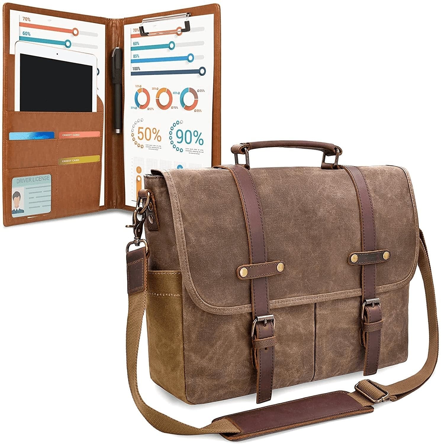  Herren Umhängetasche 15,6 Zoll Wasserdicht Vintage Echtleder Gewachstes Segeltuch Aktentasche Große Satchel Umhängetasche Robuste Leder Computer Laptoptasche mit Ledermappe, Brown Coffee 