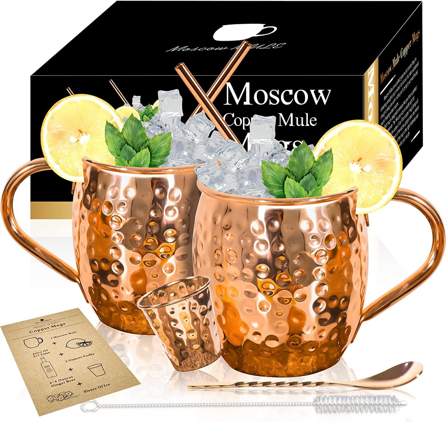  Moscow Mule Kupferbecher – Set aus 4 – 100 % handgefertigten massiven Kupferbechern, Geschenkset mit 4 Kupferstrohhalmen, 1 Rührlöffel, 1 Kupfer-Schnapsglas, 1 Strohhalm-Reinigungsbürste. 