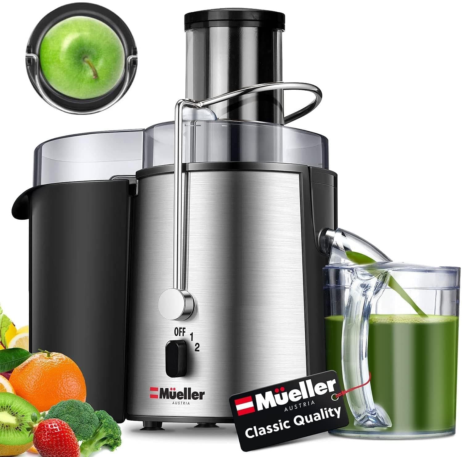  Mueller Juicer Ultra Power, leicht zu reinigende Entsafter-Presse, Zentrifugal-Entsafter, breiter 7,6 cm Einfüllschacht für ganzes Obst und Gemüse, tropffrei, hohe Qualität, groß, Silber 