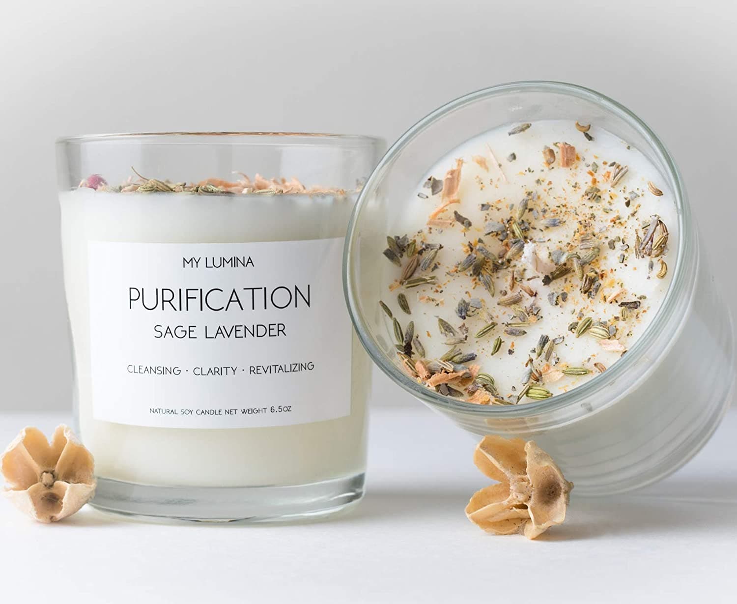  My Lumina Purification Sage Lavender Candle – Räuchernde Chakra-ausgleichende Heilkerze, natürliches Sojawachs – Weißer Salbei, natürlich duftende Reinigungskerze für die Aromatherapie 