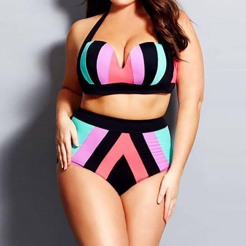  Plus Size Push-Up-Frauen-Badeanzug-Bikini-Set Große Größe Regenbogen Farbe hohe Taille Dame Badeanzug Bad Dusche Wear Bikini 