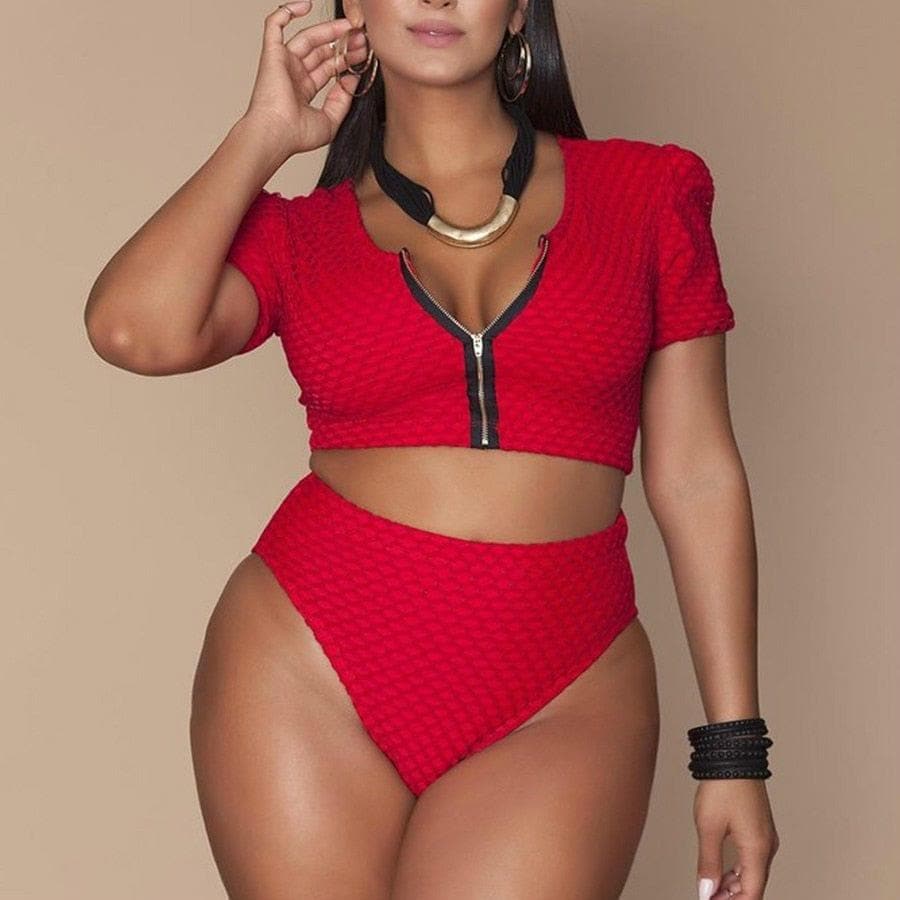  Plus Size Badeanzug Frauen Hohe Taille 2 Stück Bademode Kurzarm Sexy Reißverschluss Bikinis Maillot De Bain Femme 4XL 