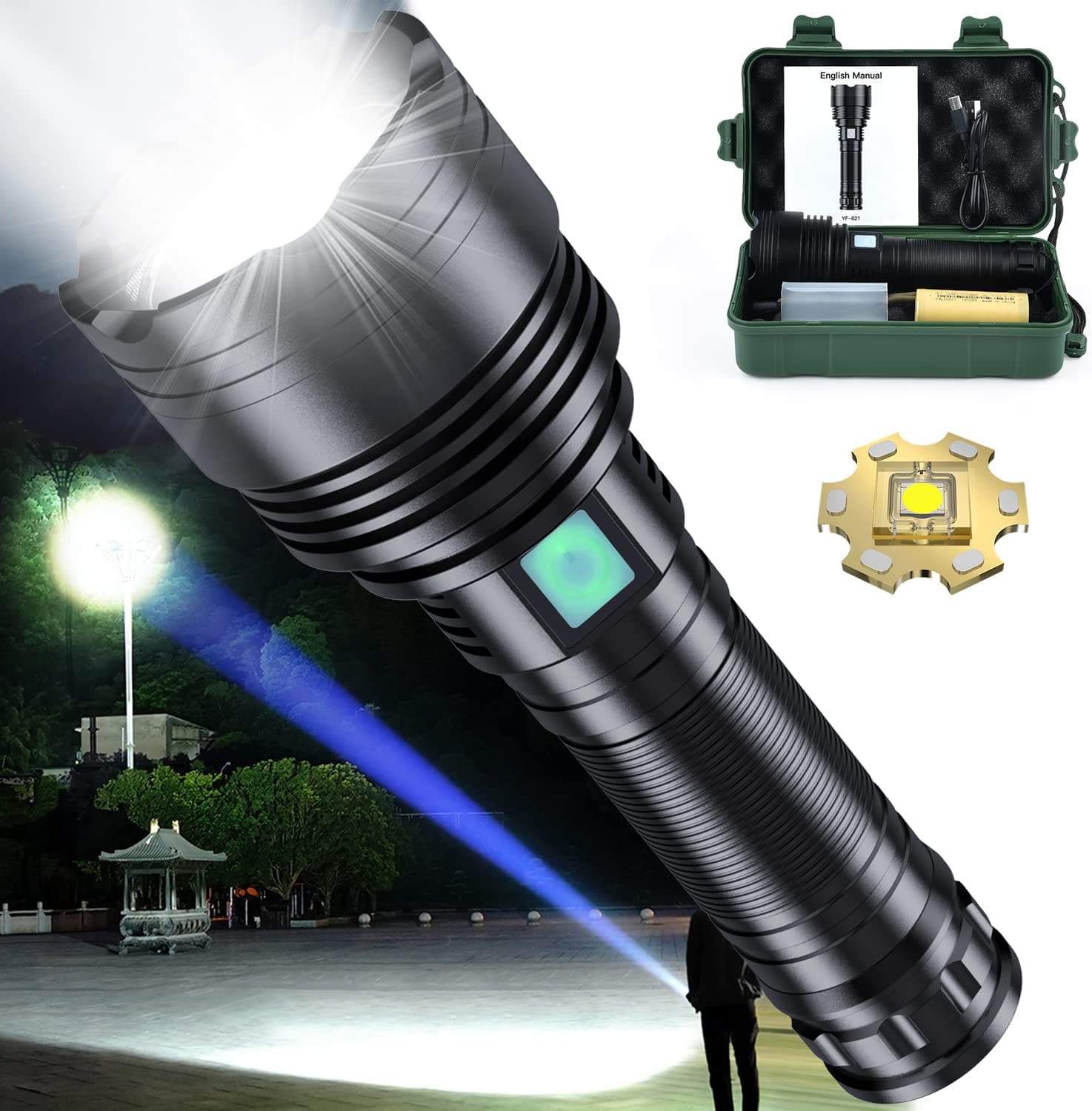  Wiederaufladbare Taschenlampen 120000 Lumen, MOEVOC Superheller Scheinwerfer LED-Handtaschenlampe, IP67 wasserdichte taktische Taschenlampe mit 5 Beleuchtungsmodi für Jagd, Camping, Notfälle (Schwarz) 