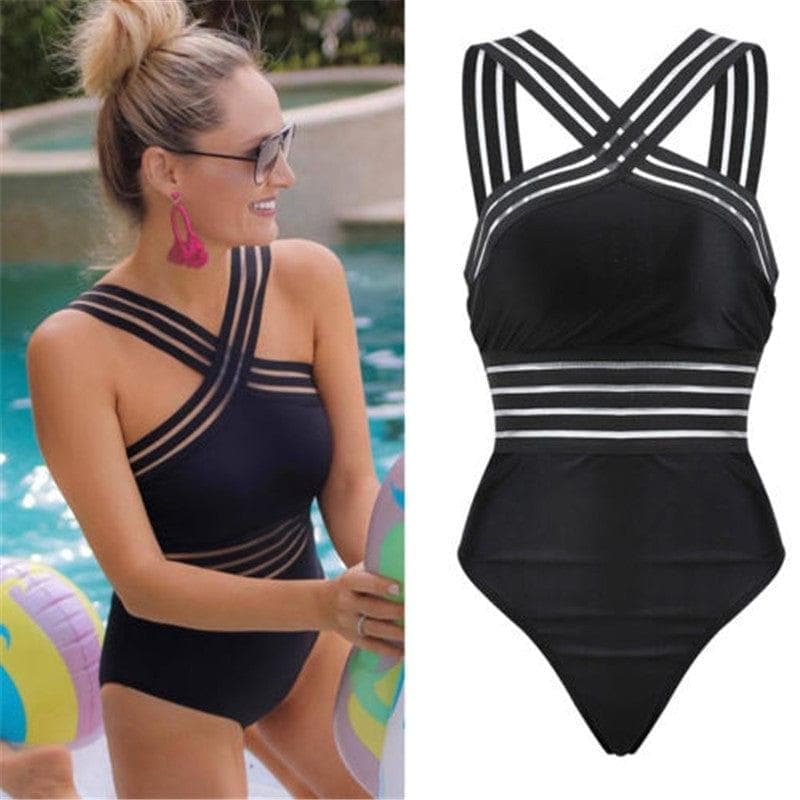  Sexy Badeanzug Damen High Neck Bandage Cross Back Neck Monokini Schwarz Bademode Damen Badeanzüge 