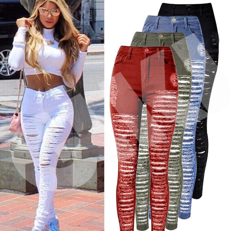  Sexy Frauen Destroyed Ripped Denim Jeans Skinny Hole Pants Stretch Jeans mit hoher Taille Schlanke Bleistifthose Schwarz Weiß Blau 