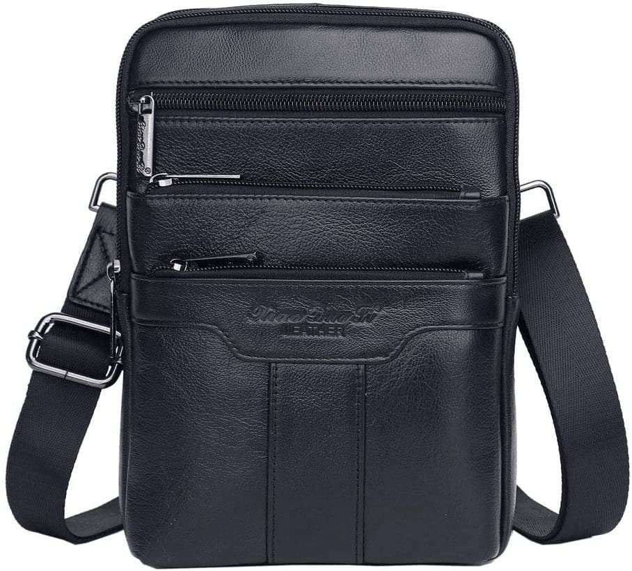  Kleine Leder Umhängetasche Messenger Pack für Männer Frauen Reisen Business Umhängetasche Handy Geldbörse Sling Brusttaschen Lässiger Tagesrucksack Schwarz 