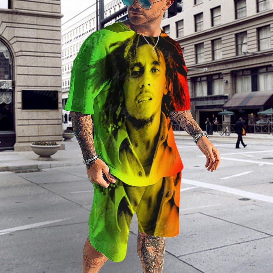  Sommer Herren Trainingsanzug Bob Marley Reggae Musik T-Shirt Shorts Set Freizeitanzug Mode Outfit Männlich Übergroße Streetwear One Love 