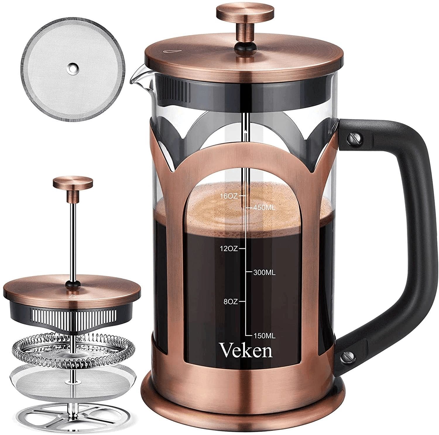  Veken French Press Kaffee- und Teebereiter, Kaffeepresse aus 304 Edelstahl, hitzebeständiges Borosilikatglas, langlebig, leicht zu reinigen, 100 % BPA-frei, 21 Oz, Kupfer 