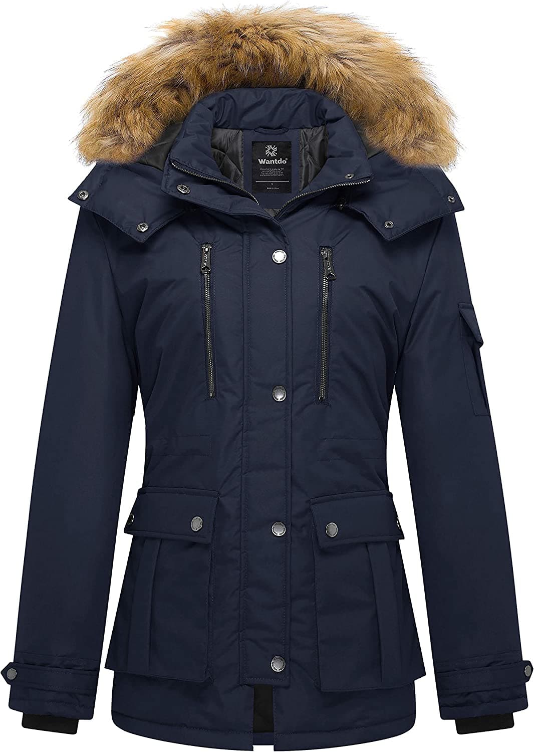  Wantdo Damen-Stepp-Wintermantel, warme Pufferjacke, dicker Parka mit abnehmbarer Kapuze 