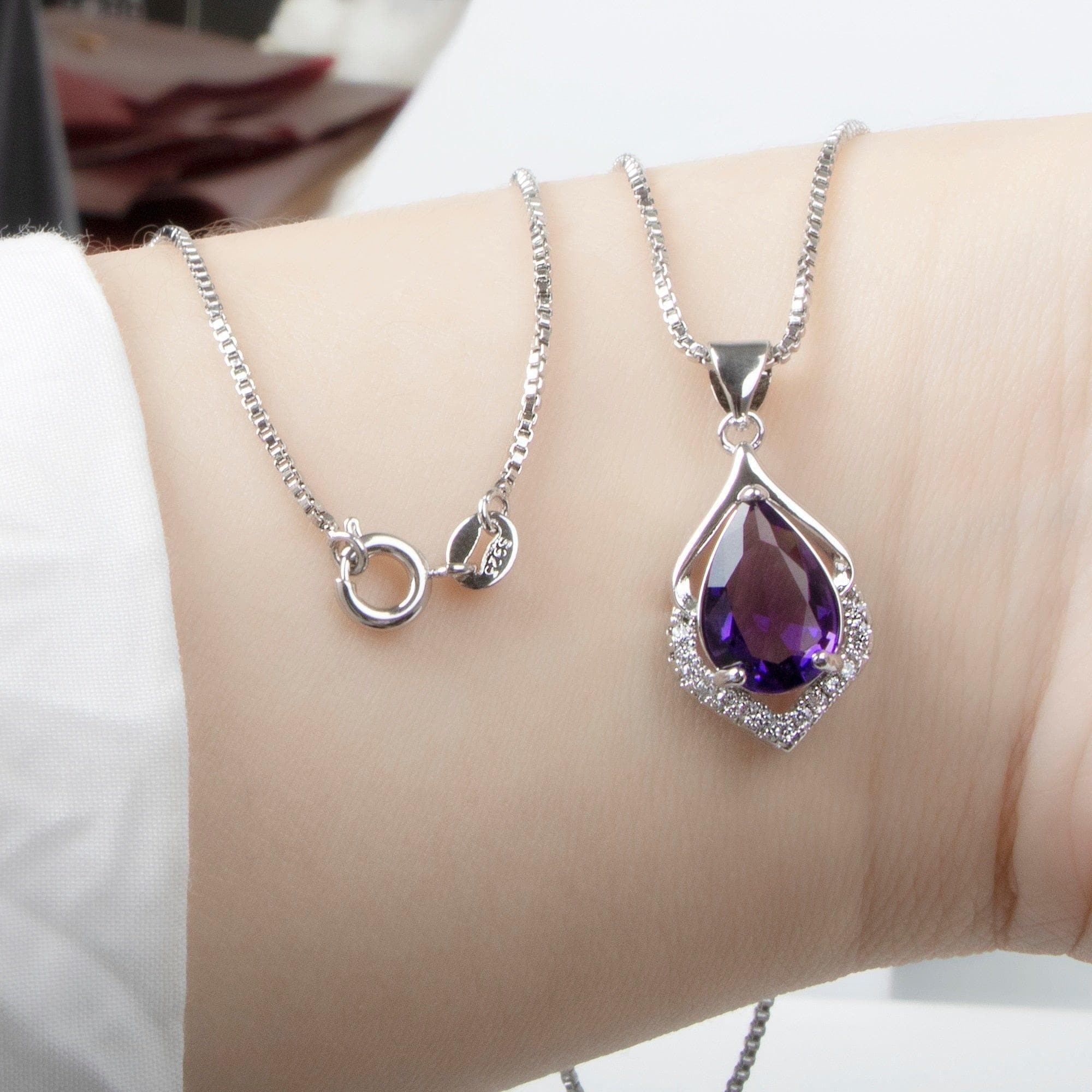  Wassertropfenförmiger Anhänger Amethyst Halskette für Frauen Temperament Edelstein Silber 925 Schmuck Hochzeitsgeschenk 