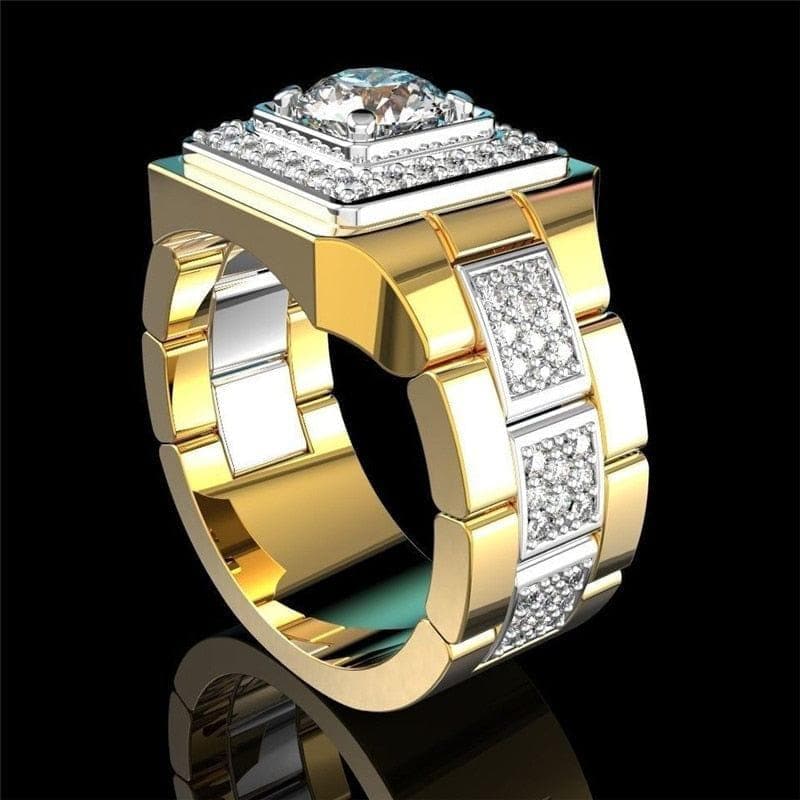  Weiße runde Zirkon zweifarbige quadratische Uhrenringe für Männer Vintage Fashion Gold / Silber Farbe CZ Stein Verlobungsring männlichen Schmuck 