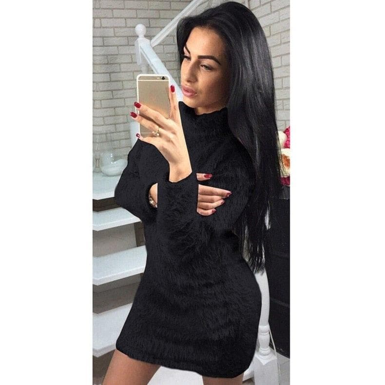  Winter Plüsch Warm Pullover Kleid Frauen Langarm Rollkragen Kleider Party Bodycon Minikleid Bandage Gestrickt Vestidos Weiblich 