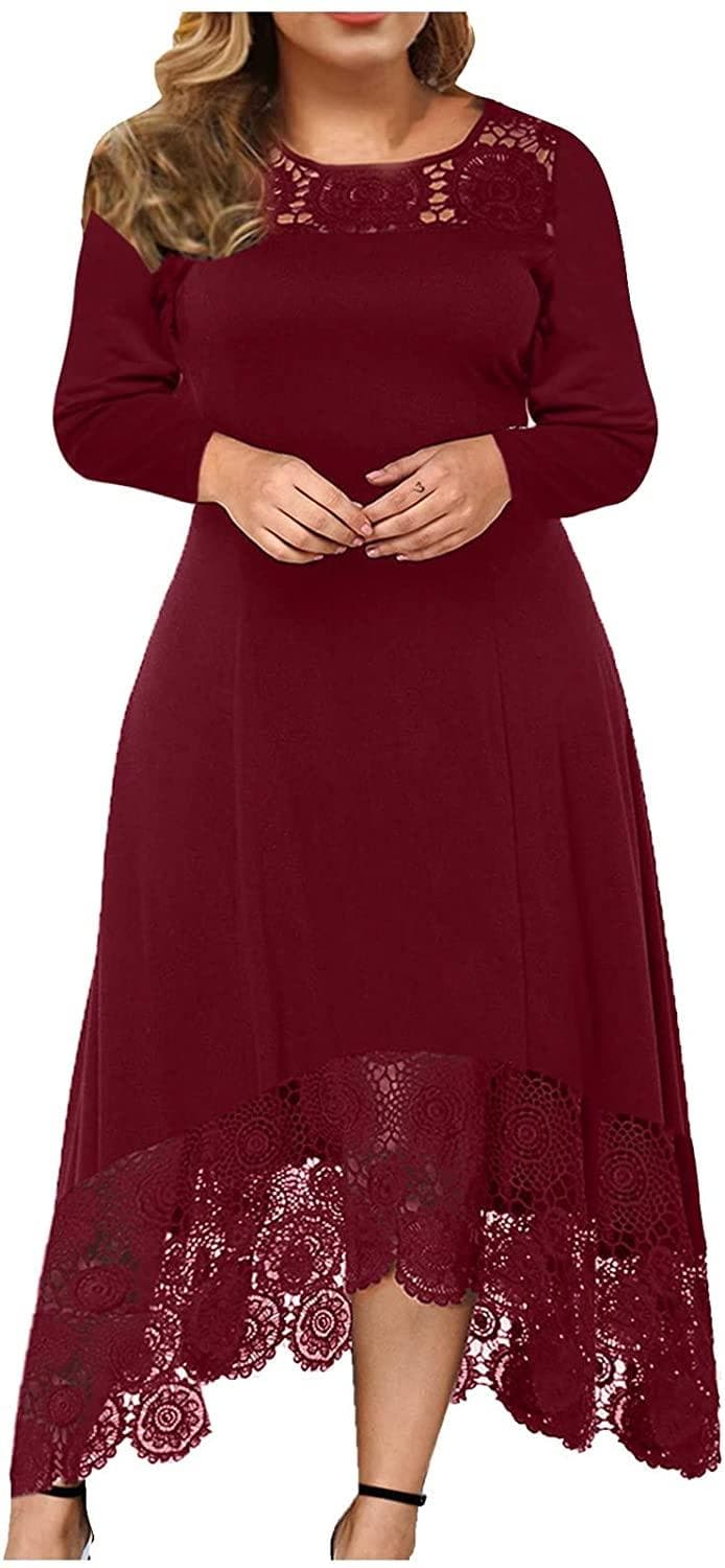  Frauen Strand Plus Size Feste Spitze Rundhals Kleid Langarm Unregelmäßige Spitze Nähte Langes Kleid x627 