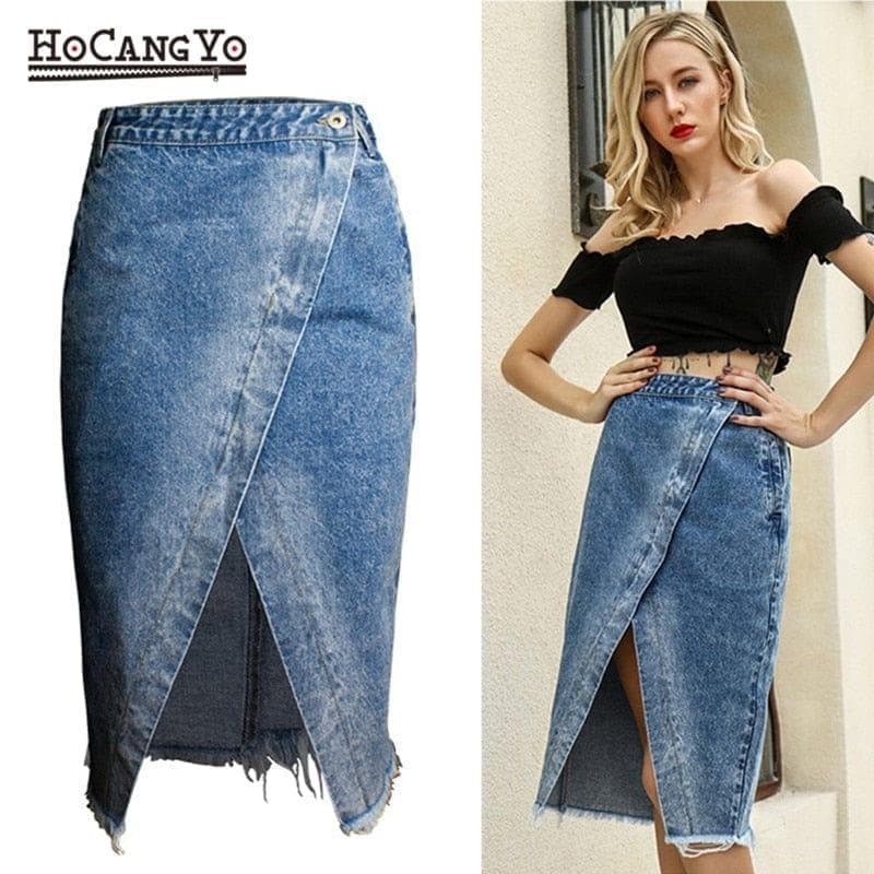  Damen Midiröcke Hohe Taille Große Baumwolljeansrock Damen Lässige Quasten Gewaschene Denimröcke Sexy Split Midirock 