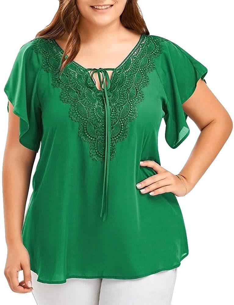  Damen-Spitzennaht Curve Appeal Lace T-Shirt Bluse Fledermaus Lagre Größe Kurzarm-Oberteile 