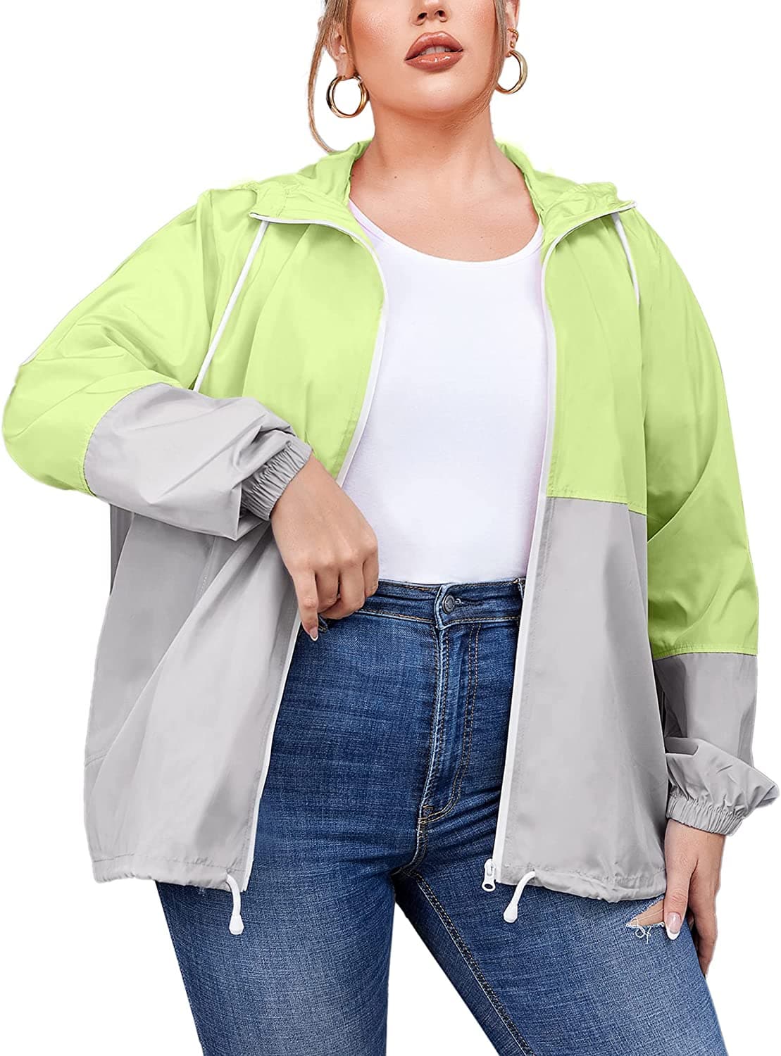  Damen-Regenjacke in Übergröße, wasserdichter Regenmantel, leichte Windjacke, Outdoor-Jacken, Regenmäntel mit Kapuze und Tasche 