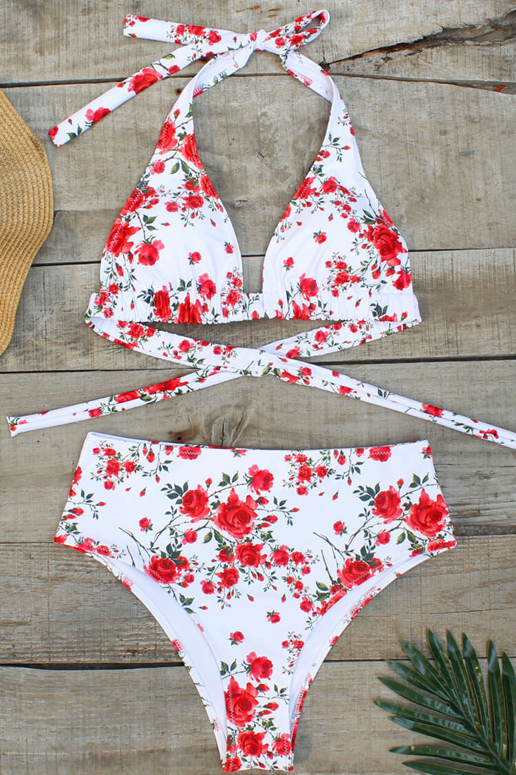 Blooming Rose High Waist Halter Bikini Swimsuit - Two Piece Set – Bikinishe