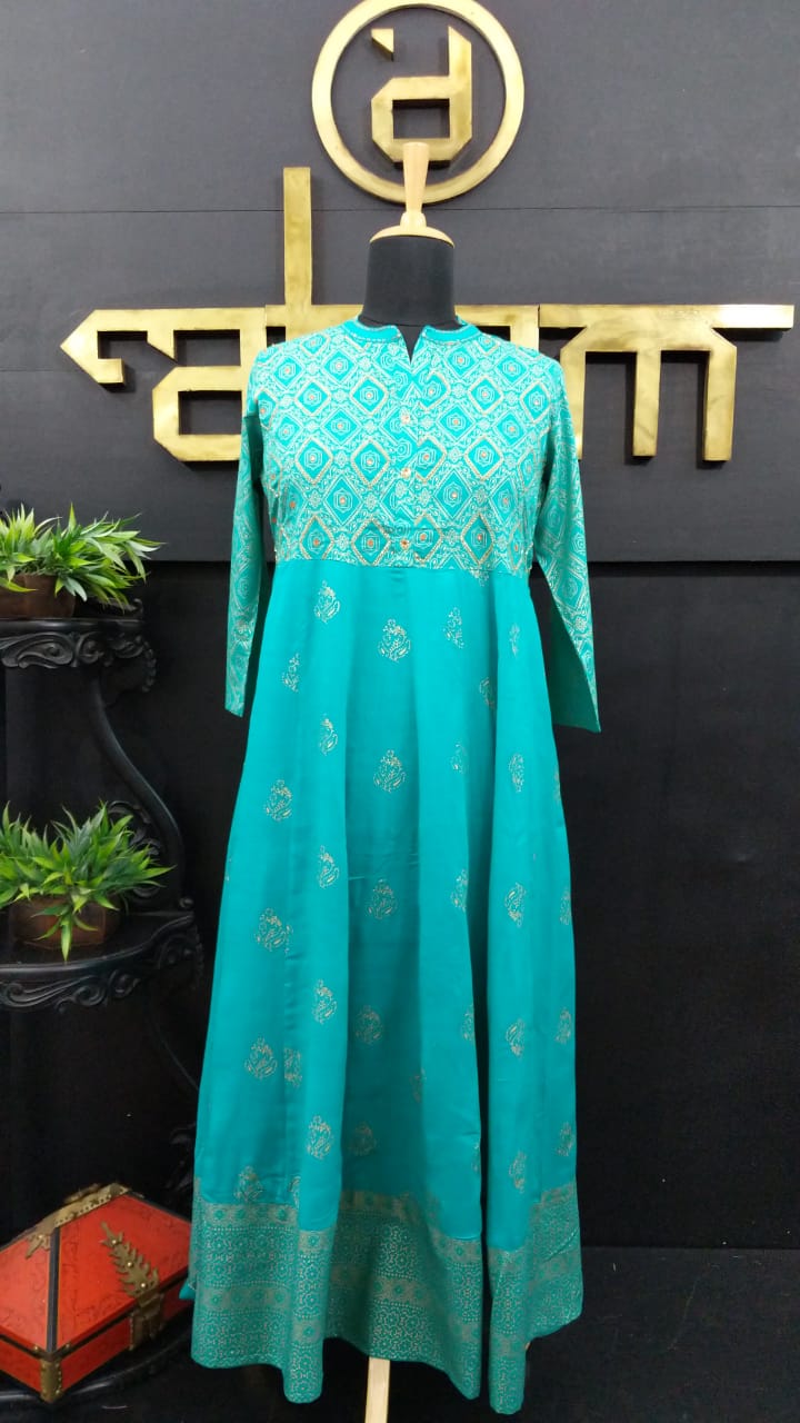 Teal blue color printed long length kurthi | CS121