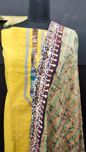 Lemon yellow color patch-work dupatta with kantha work embroidery | SW336