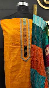 Orange color patch-work dupatta with kantha work embroidery | SW356