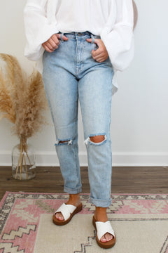 Distressed Knee High Rise Mom Jeans