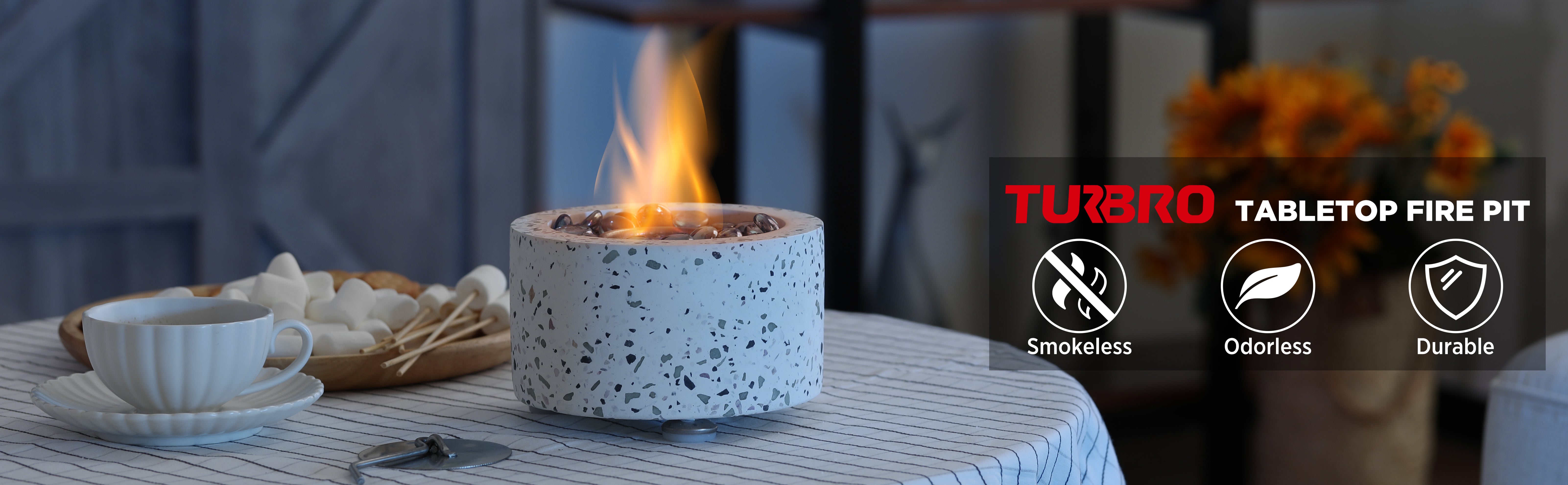 TURBRO Ceramic Tabletop Fire Pit for Outdoor - Ventless Fire Bowl,  Odorless, Smokeless - Fueled by Ethanol Alcohol