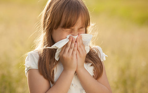 Little girl in a field of grass, eyes closed and blowing her nose – maybe allergy medicine could help her hay fever