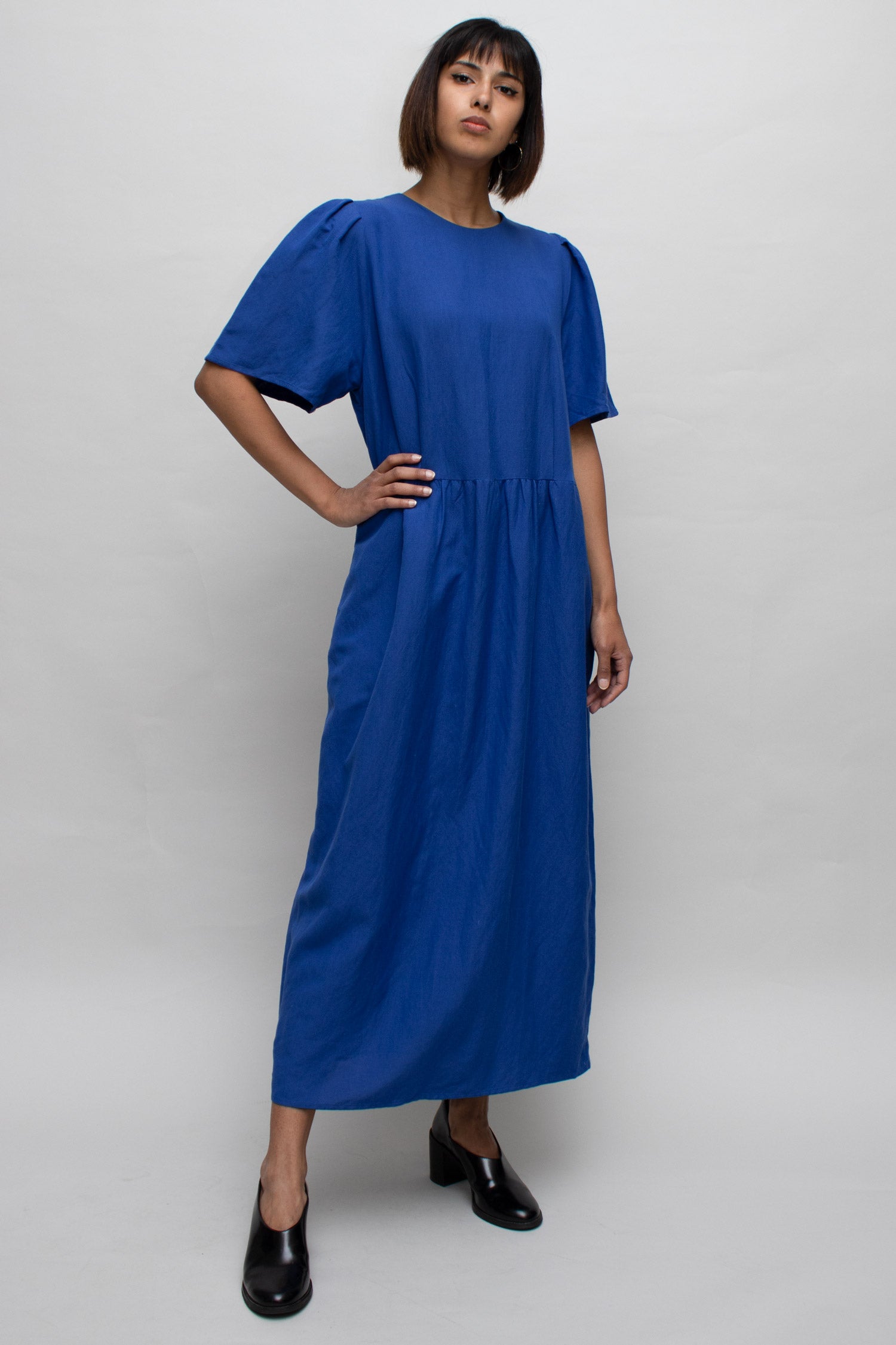 blue short sleeve maxi dress